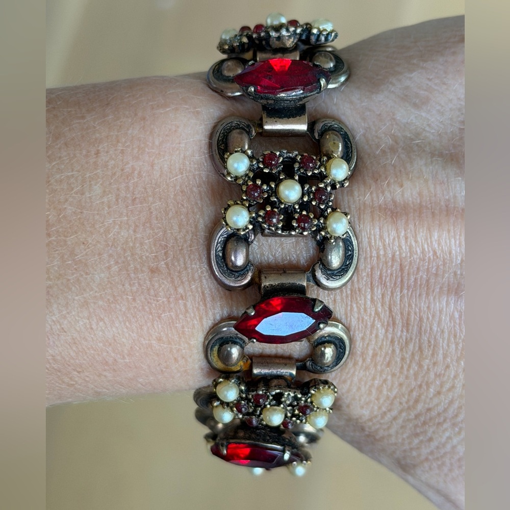 Vintage Victorian Revival Bracelet Red Stone and Pearl Bracelet Costume Jewelry